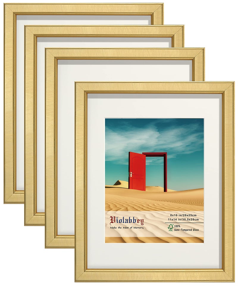VIOLABBEY 11x14 Picture Frame Gold Set of 4, Photo frame for 8x10 Pictures with Mat or 11x14 without Mat, HD Real Glass, Vertical or Horizontal for Wall and Tabletop Display - Image 1